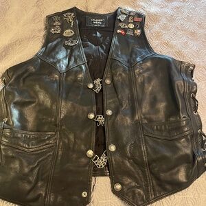 Leather Sheen Bikers Vest 54 with side lace, patches, and Pins